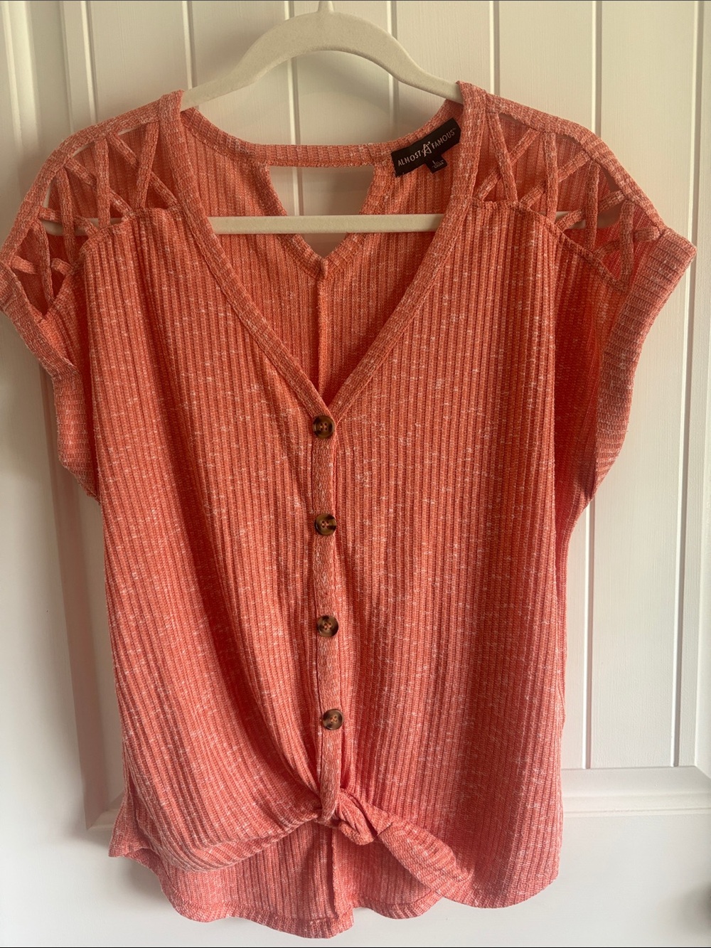 Almost Famous Coral Knit Button-Front V-Neck Top with Cutout Shoulders